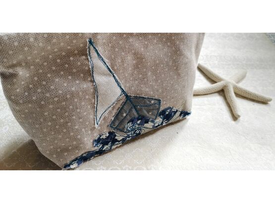 Embroidered Sailboat Compact Cosmetic Make Up Bag