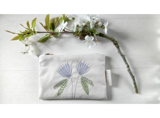 Agapanthus Flowers Natural Linen Embroidered Purse