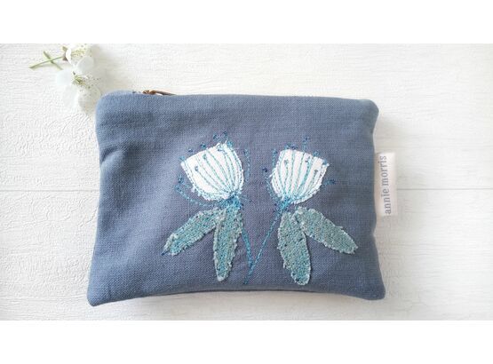 Floral Embroidered Blue Linen Purse